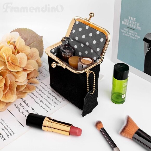 Vintage Black Leather Kiss Lock Coin Purse - Compact Portable Mini Wallet for Tr - Picture 5 of 8